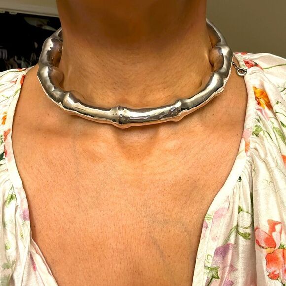 VINTAGE STERLING SILVER PLATED BAMBOO COLAR NECKLACE 80’s  61.8g - Picture 4 of 9